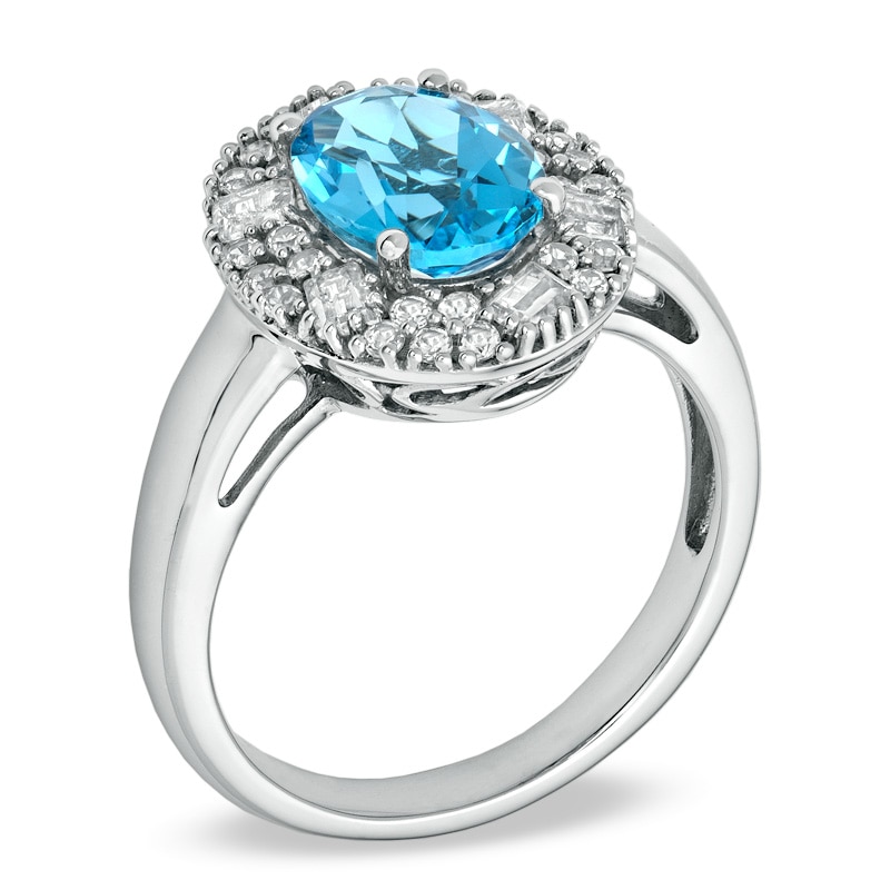 Main Image 2 of Oval Blue Topaz and Lab-Created White Sapphire Frame Ring in 10K White Gold