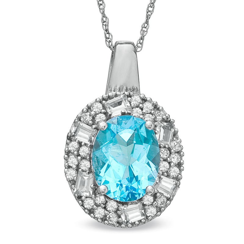 Oval Blue Topaz and Lab-Created White Sapphire Pendant in 10K White Gold