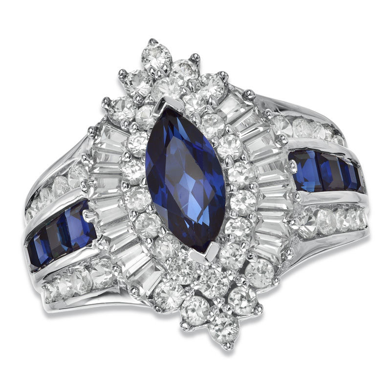 Marquise Lab-Created Blue Sapphire and White Sapphire Ring in 10K White Gold