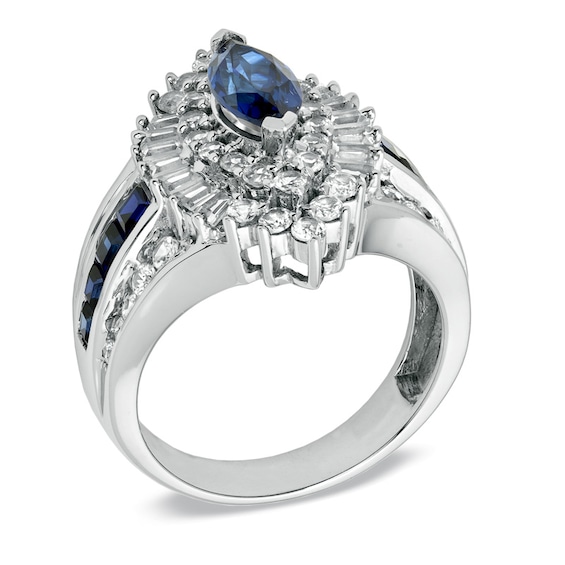 Marquise Lab-Created Blue Sapphire and White Sapphire Ring in 10K White Gold