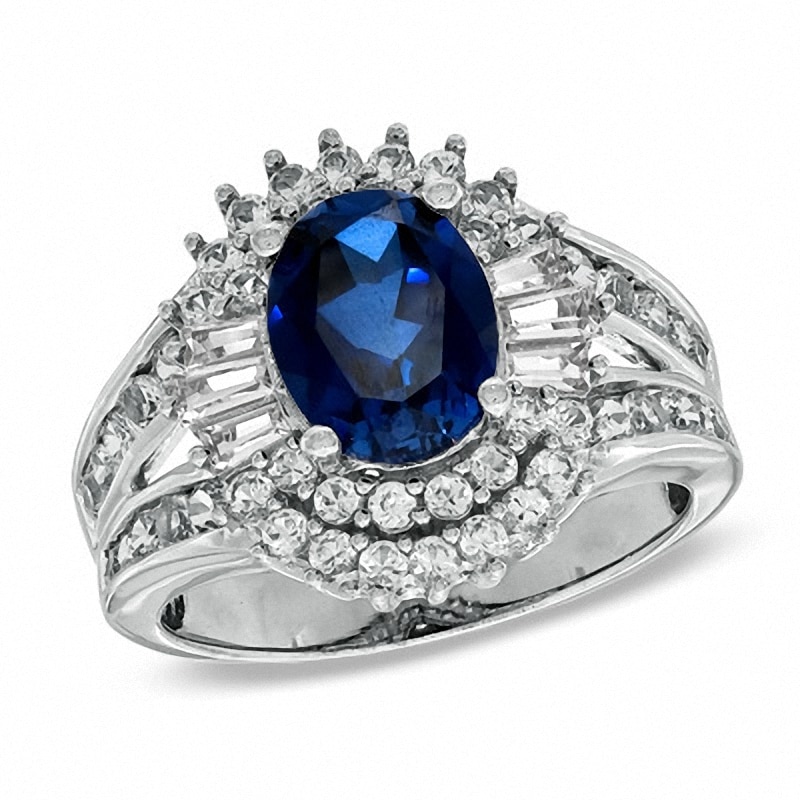 Oval Lab-Created Blue and White Sapphire Ring in 10K White Gold