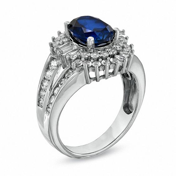 Oval Lab-Created Blue and White Sapphire Ring in 10K White Gold