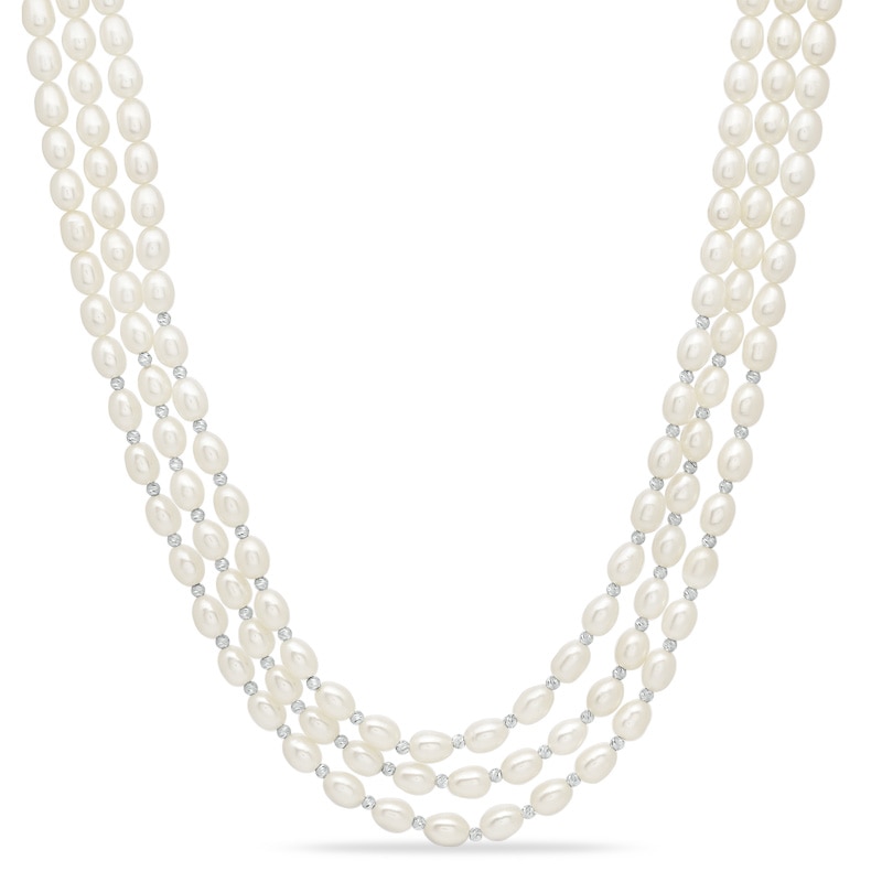 Main Image 1 of 6.0-7.0mm Freshwater Cultured Pearl and Diamond-Cut Bead Three Strand Necklace in Sterling Silver-17.5&quot;