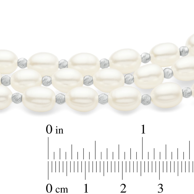 Main Image 2 of 6.0-7.0mm Freshwater Cultured Pearl and Diamond-Cut Bead Three Strand Necklace in Sterling Silver-17.5&quot;