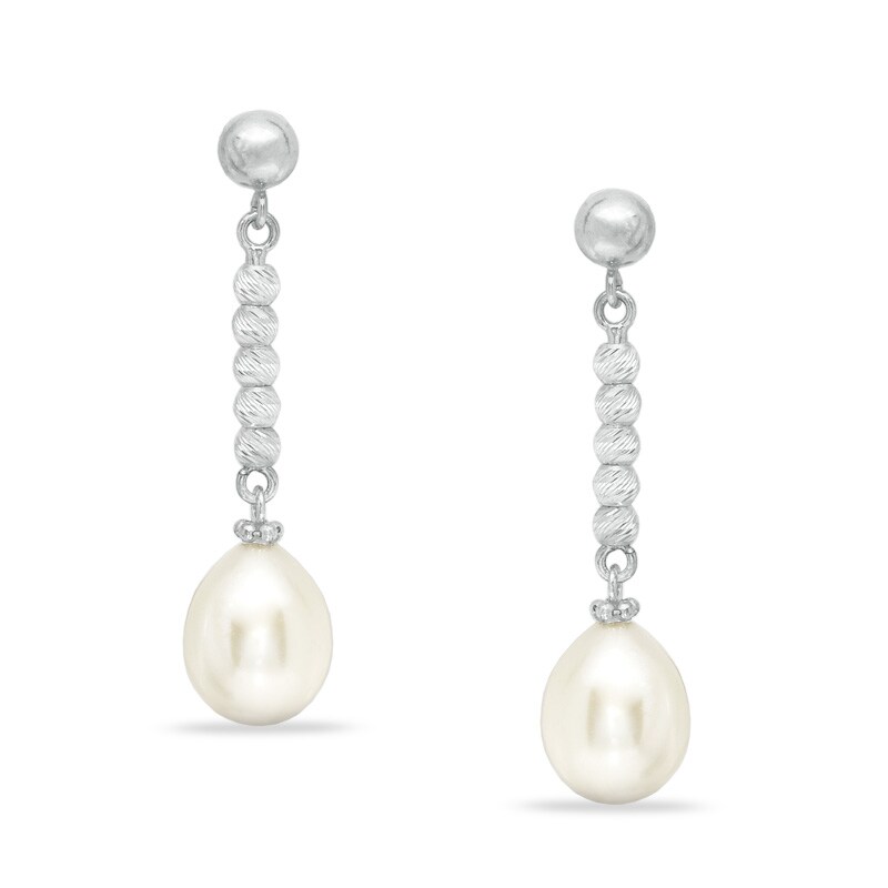 9.0 - 9.5mm Cultured Freshwater Pearl and Diamond-Cut Bead Drop Earrings in Sterling Silver