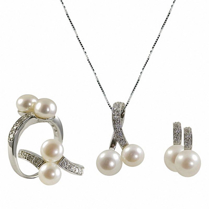 6.5 - 8.0mm Cultured Freshwater Pearl and Diamond Accent Pendant, Drop Earrings and Ring Set in Sterling Silver - Size 7