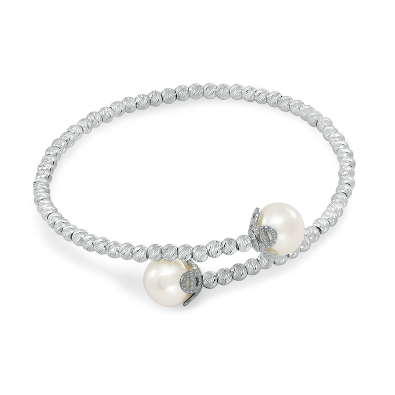 8.5 - 9.0mm Cultured Freshwater Pearl and Diamond-Cut Bead Bypass Flex Bangle in Sterling Silver