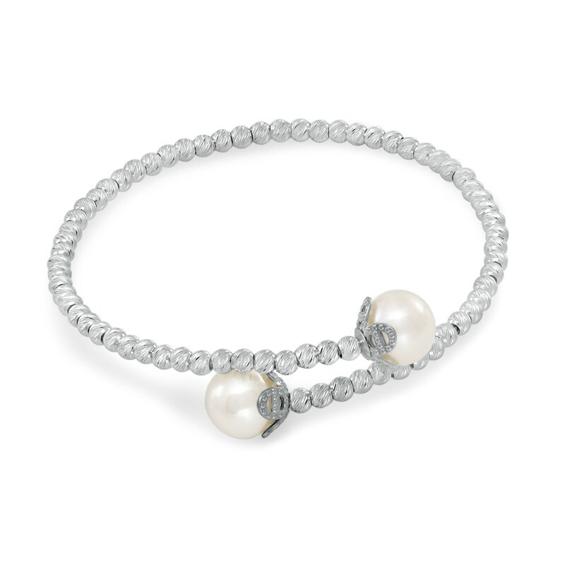 Main Image 1 of 8.5-9.0mm Freshwater Cultured Pearl and Diamond-Cut Bead Bypass Flex Bangle in Sterling Silver