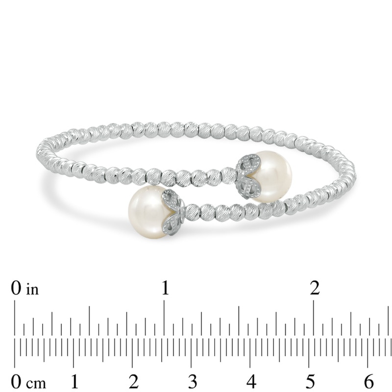 8.5-9.0mm Freshwater Cultured Pearl and Diamond-Cut Bead Bypass Flex Bangle in Sterling Silver