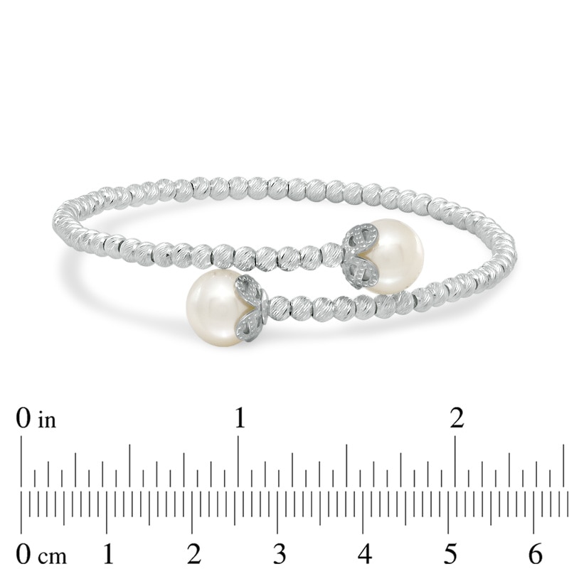 Main Image 2 of 8.5-9.0mm Freshwater Cultured Pearl and Diamond-Cut Bead Bypass Flex Bangle in Sterling Silver