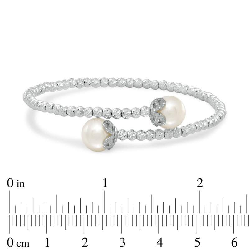 8.5 - 9.0mm Cultured Freshwater Pearl and Diamond-Cut Bead Bypass Flex Bangle in Sterling Silver