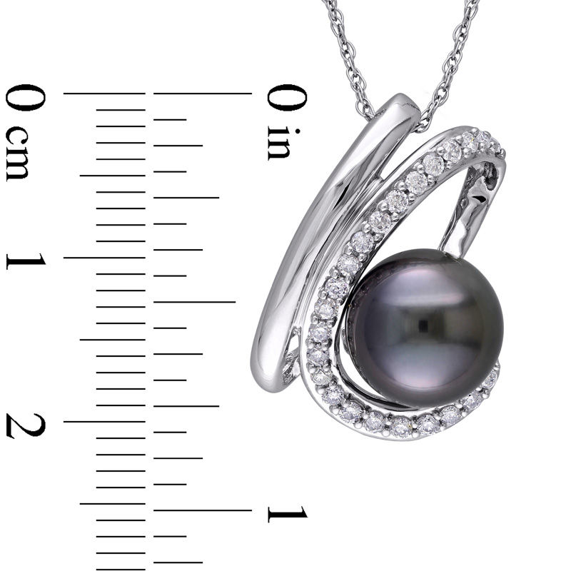 9.0 - 9.5mm Black Cultured Tahitian Pearl and 1/4 CT. T.W. Diamond Swirl Pendant in 10K White Gold - 17"