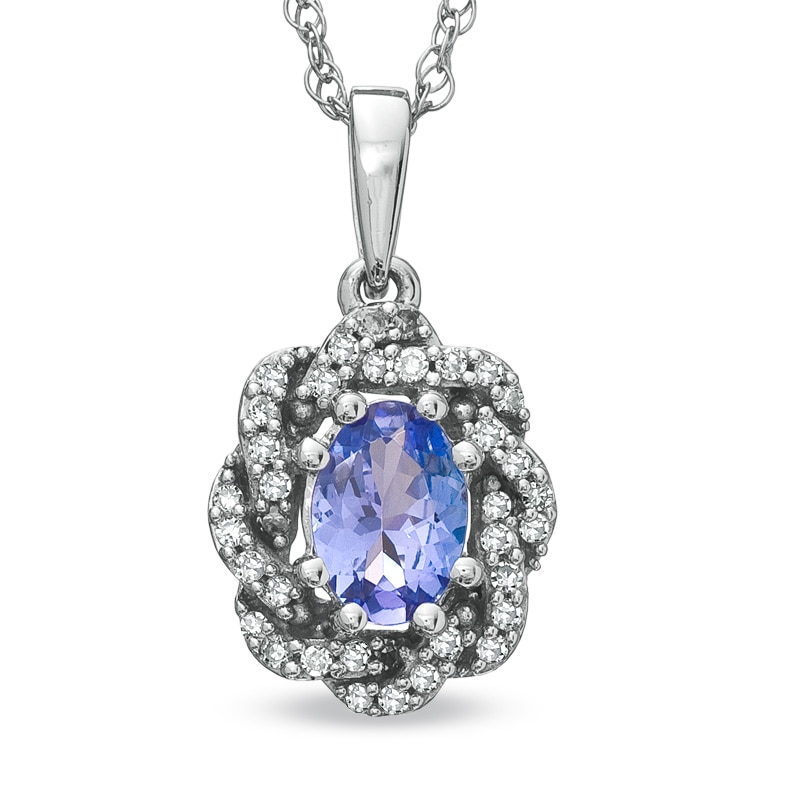 Main Image 1 of Oval Tanzanite and 1/5 CT. T.W. Diamond Swirl Pendant in 10K White Gold