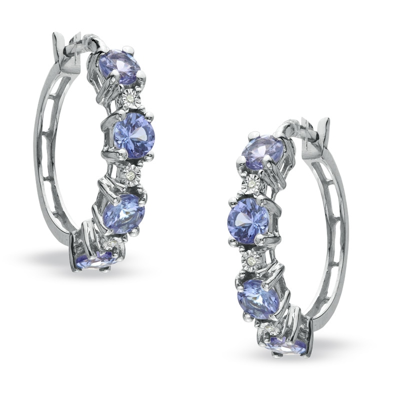 Main Image 1 of Tanzanite and Diamond Accent Hoop Earrings in 10K White Gold