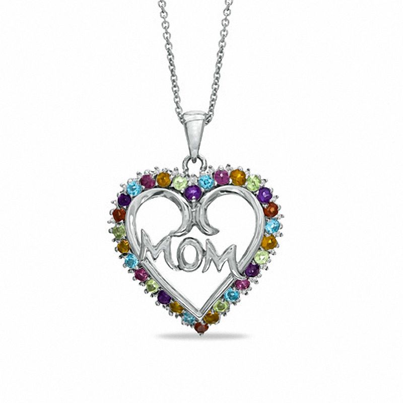 Main Image 1 of Multi-Gemstone and Diamond Accent Heart-Shaped &quot;Mom&quot; Pendant in Sterling Silver