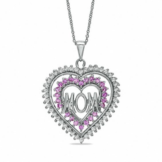 Lab-Created Pink and White Sapphire Heart-Shaped Mom Pendant in Sterling Silver