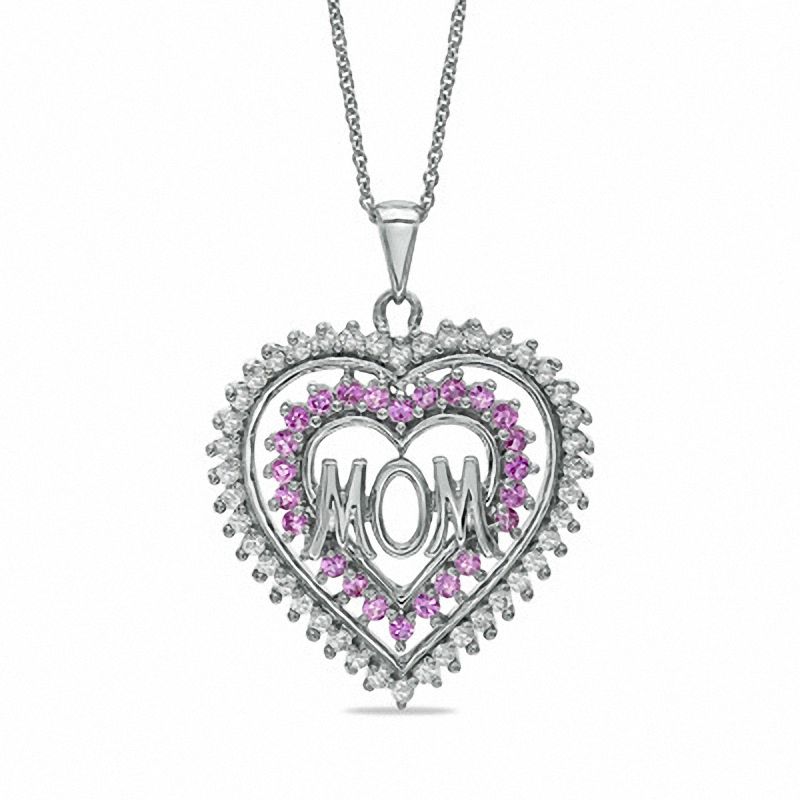 Main Image 1 of Lab-Created Pink and White Sapphire Heart-Shaped "Mom" Pendant in Sterling Silver