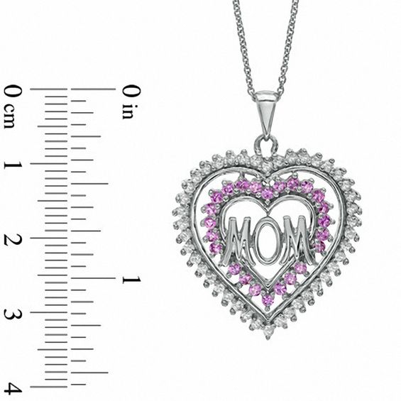 Lab-Created Pink and White Sapphire Heart-Shaped Mom Pendant in Sterling Silver