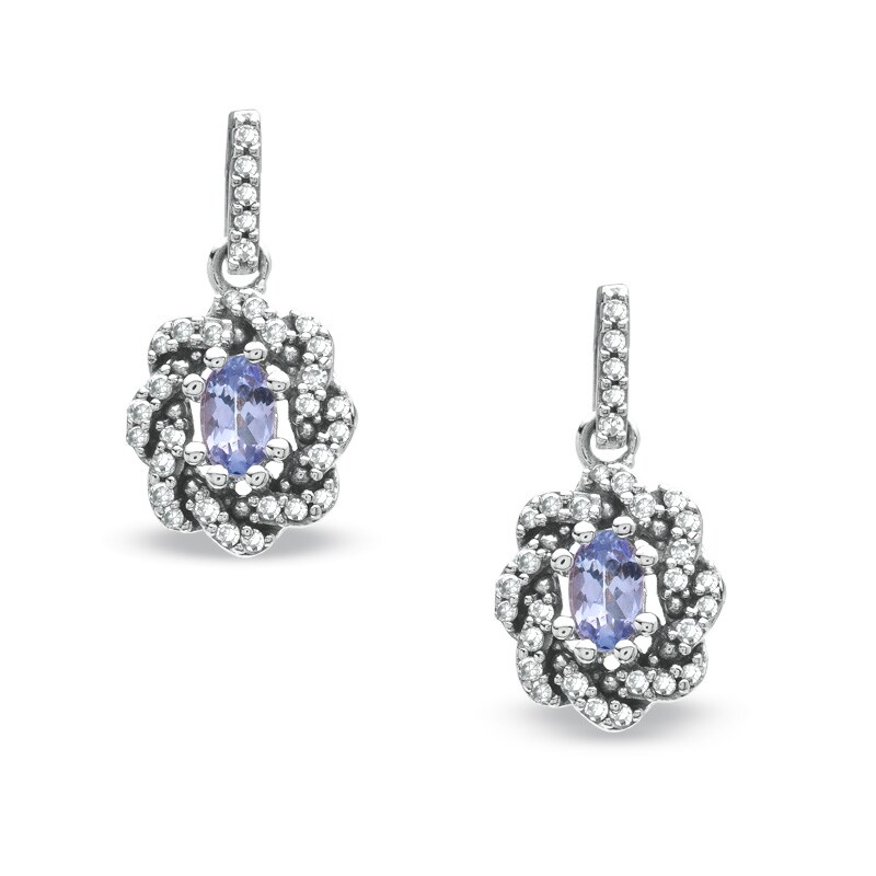 Main Image 1 of Oval Tanzanite and 1/3 CT. T.W. Diamond Drop Earrings in 10K White Gold