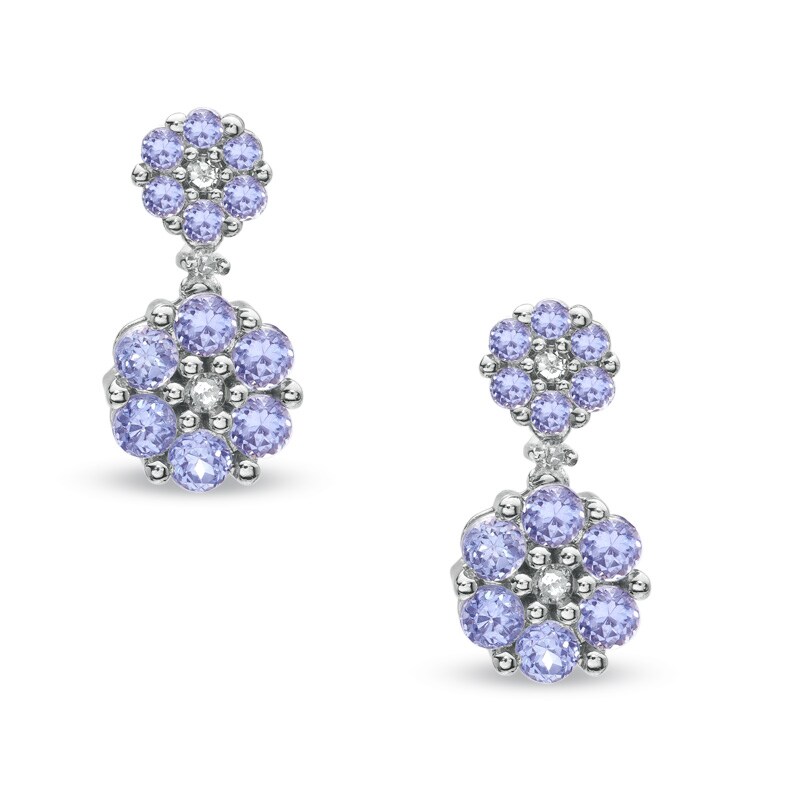 Main Image 1 of Tanzanite and Diamond Accent Double Flower Drop Earrings in 10K White Gold