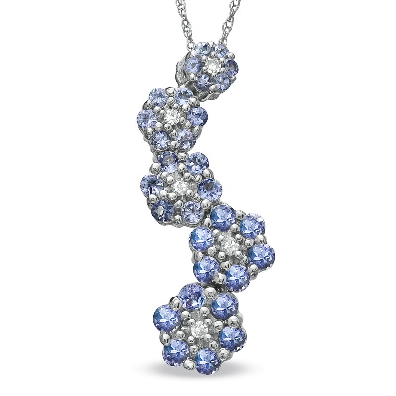 Main Image 1 of Tanzanite and Diamond Accent Flowing Flower Drop Pendant in 10K White Gold