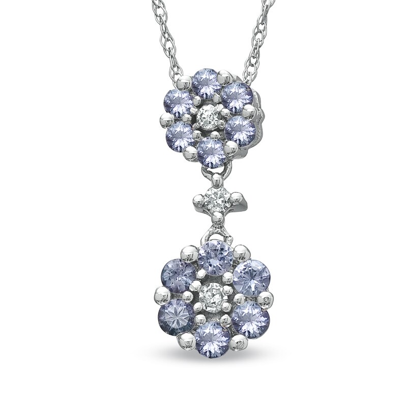 Main Image 1 of Tanzanite and Diamond Accent Double Flower Drop Pendant in 10K White Gold