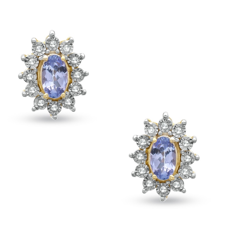Main Image 1 of Oval Tanzanite and Diamond Accent Frame Stud Earrings in 10K Gold