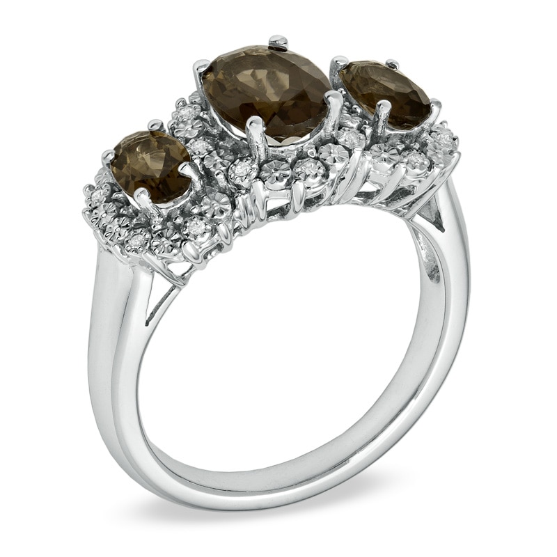 Oval Smoky Quartz and Diamond Accent Three Stone Ring in 10K White Gold