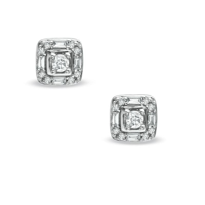 1/4 CT. T.W. Baguette and Round Diamond Frame Stud Earrings in 10K White Gold