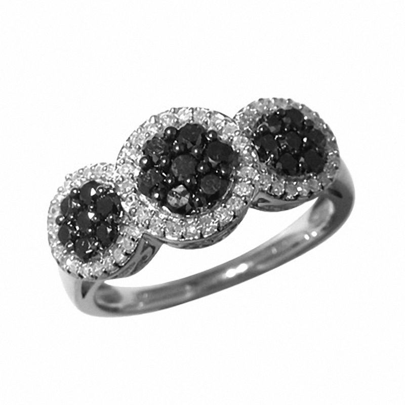 Main Image 1 of 3/4 CT. T.W. Enhanced Black and White Diamond Three Stone Cluster Ring in 10K White Gold