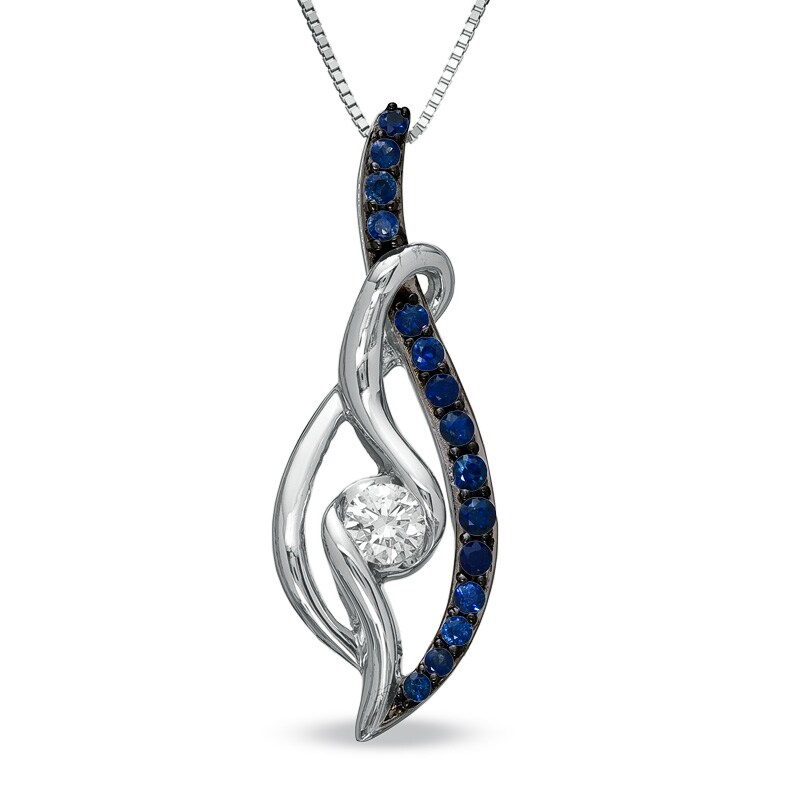 Main Image 2 of Sirena™ Jeans 1/5 CT. Diamond and Blue Sapphire Loop Pendant in 14K White Gold