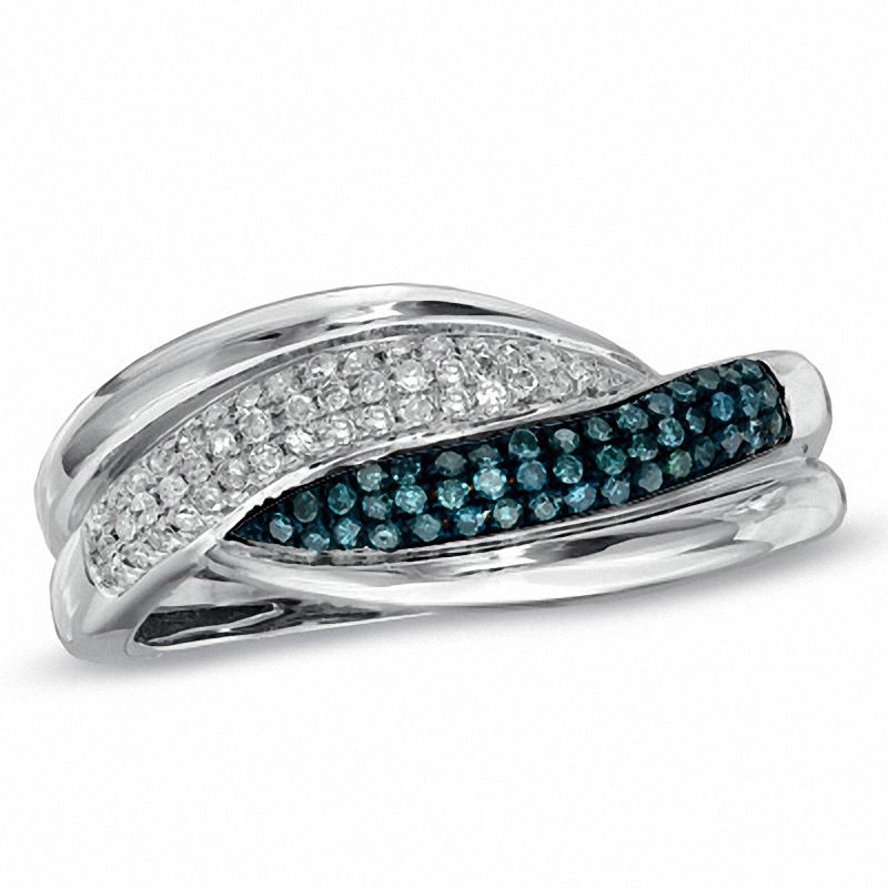 Main Image 1 of 1/4 CT. T.W. Enhanced Blue and White Diamond Swirl Ring in 10K White Gold