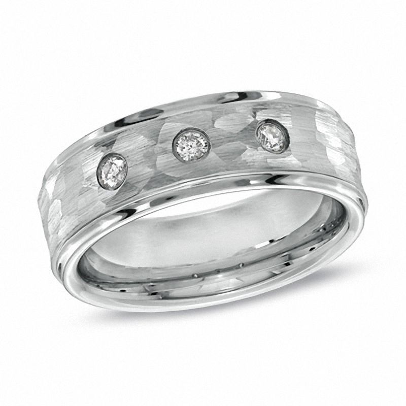 Main Image 1 of 8.0mm 1/6 CT. T.W. Diamond Cobalt Three Stone Hammered Ring - Size 10