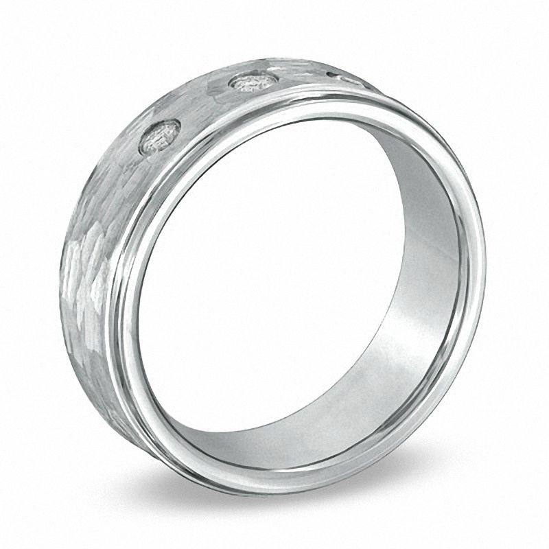 Main Image 2 of 8.0mm 1/6 CT. T.W. Diamond Cobalt Three Stone Hammered Ring - Size 10