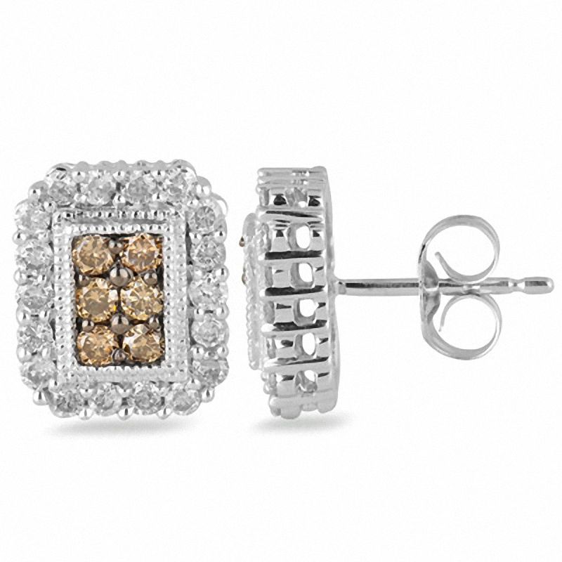 3/4 CT. T.W. Champagne and White Diamond Square Frame Earrings in 10K White Gold