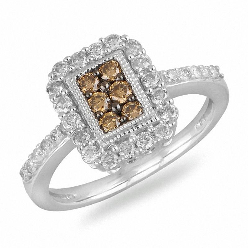 Main Image 1 of 5/8 CT. T.W. Champagne and White Diamond Frame Ring in 10K White Gold