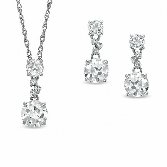 Lab-Created White Sapphire and Diamond Accent Pendant and Earring Set in Sterling Silver