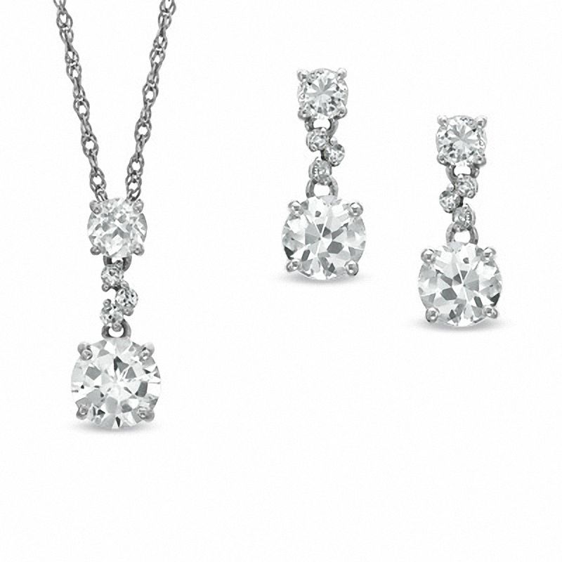 Main Image 1 of Lab-Created White Sapphire and Diamond Accent Pendant and Earring Set in Sterling Silver
