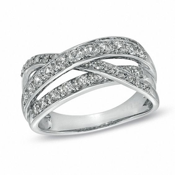 Lab-Created White Sapphire Split Shank Crossover Ring in Sterling Silver