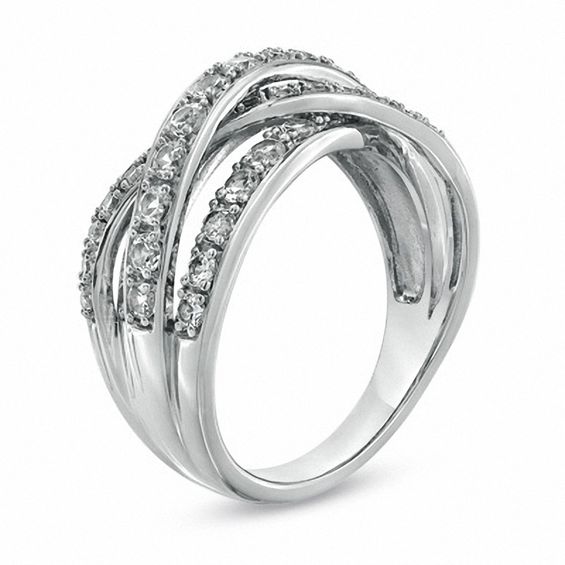 Lab-Created White Sapphire Split Shank Crossover Ring in Sterling Silver