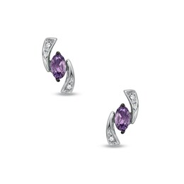 5.0mm Oval Amethyst and 1/20 CT. T.W. Diamond Boomerang Earrings in 10K White Gold