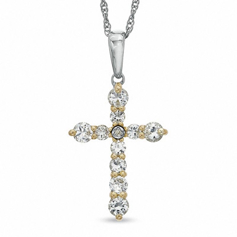 Main Image 1 of Lab-Created White Sapphire and Diamond Accent Cross Pendant in Sterling Silver and 14K Gold Plate