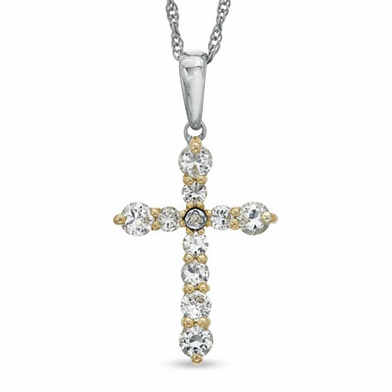 Lab-Created White Sapphire and Diamond Accent Cross Pendant in Sterling Silver and 14K Gold Plate