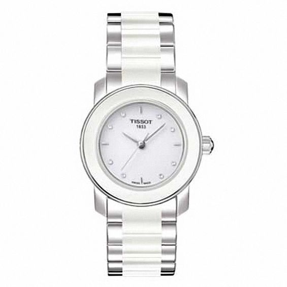 Ladies' Tissot Cera Diamond Accent Ceramic and Stainless Steel Watch with White Dial (Model: T064.210.22.016.00)