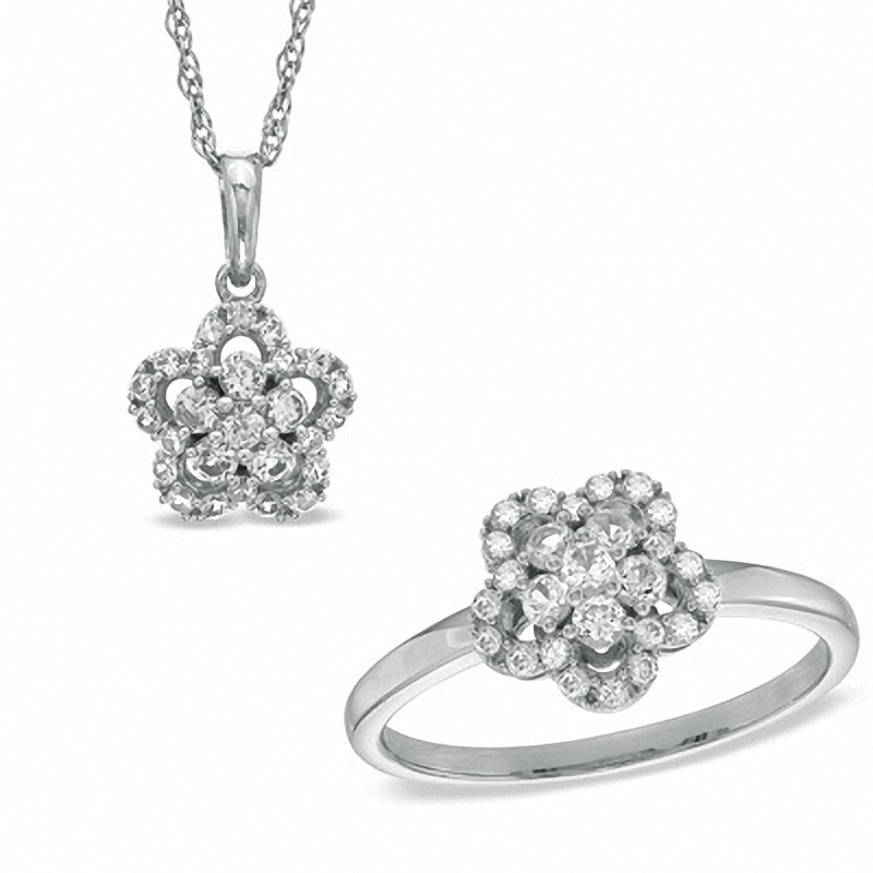 Main Image 1 of Lab-Created White Sapphire Pendant and Ring Flower Set in Sterling Silver - Size 7