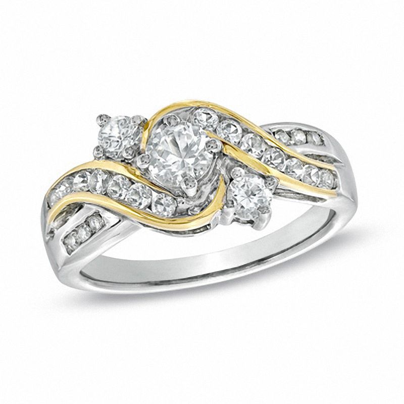 Main Image 1 of Lab-Created White Sapphire Three Stone Swirl Ring in Sterling Silver and 14K Gold Plate