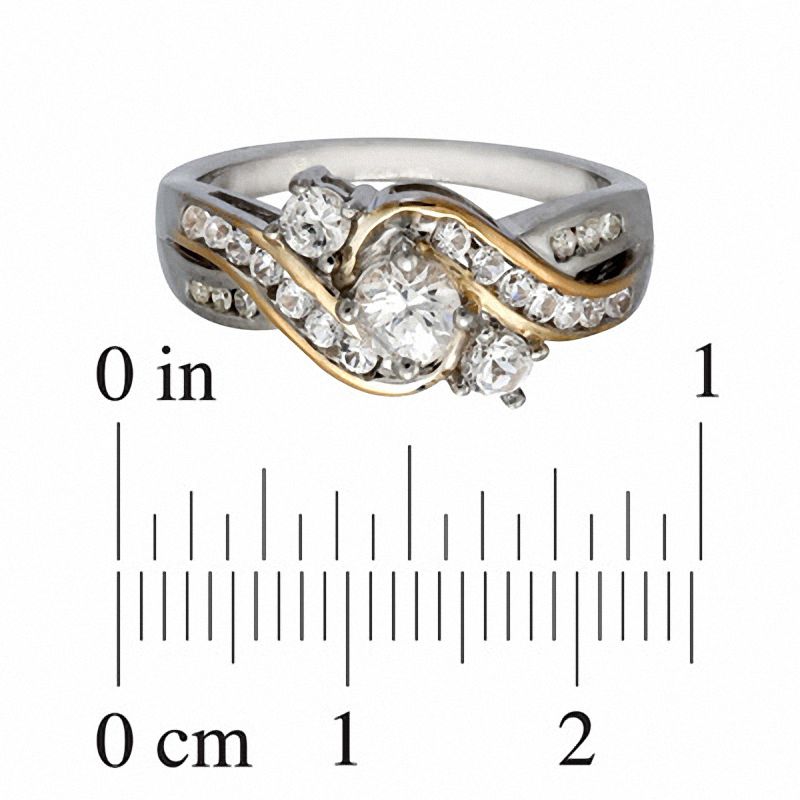 Main Image 2 of Lab-Created White Sapphire Three Stone Swirl Ring in Sterling Silver and 14K Gold Plate