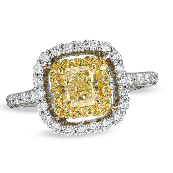 Image result for T. T.W. Cushion-Cut Fancy Yellow and White Diamond Frame Engagement Ring in 18K White Gold (SI2)