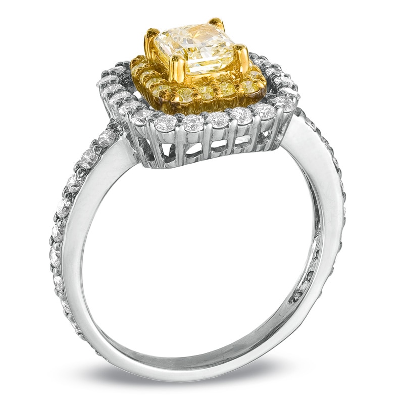 1-1/4 CT. T.W. Radiant-Cut Fancy Yellow and White Diamond Frame Engagement Ring in 18K White Gold (SI2)