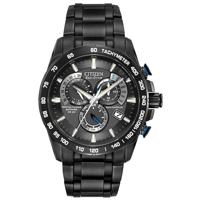 Main Image 1 of Men's Citizen Eco-Drive® Perpetual A-T Chronograph Black IP Watch with Black Dial (Model: AT4007-54E)